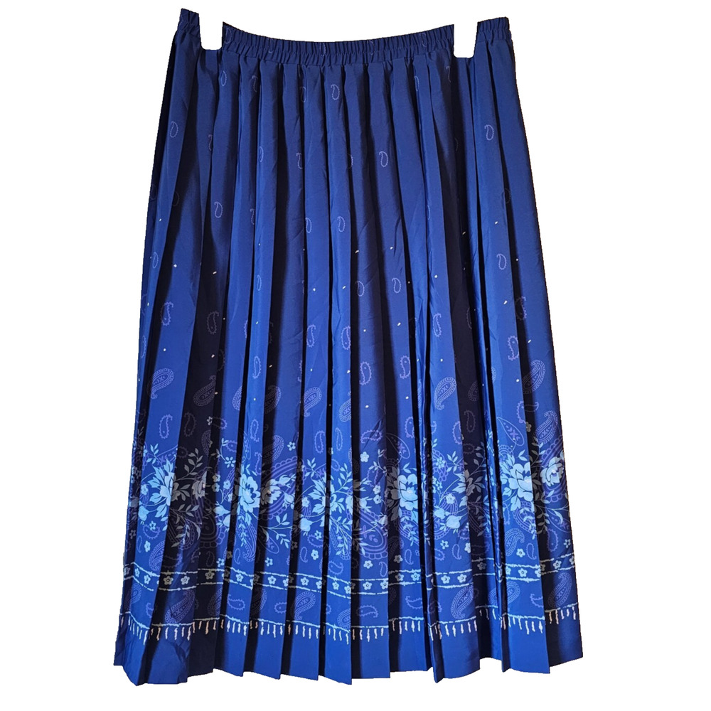 Vintage Leslie Fay Pleated Skirt Blue Paisley Cottagecore Womens 12P